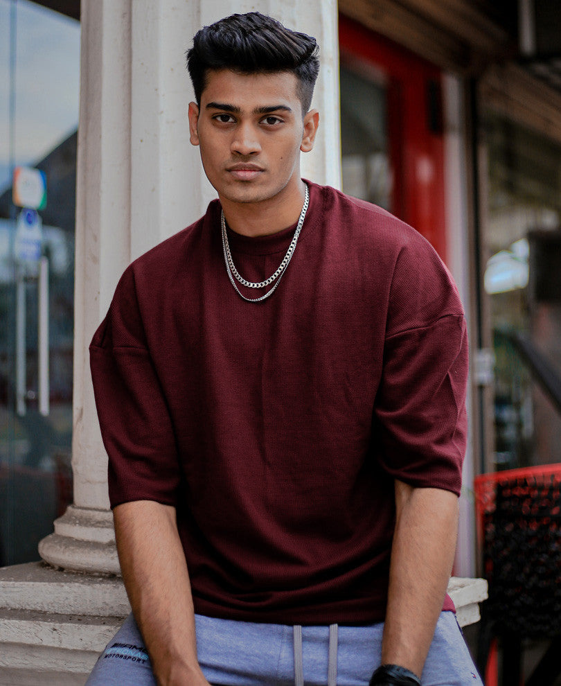Urban Maroon Solid Oversize Drop Shoulder T Shirt