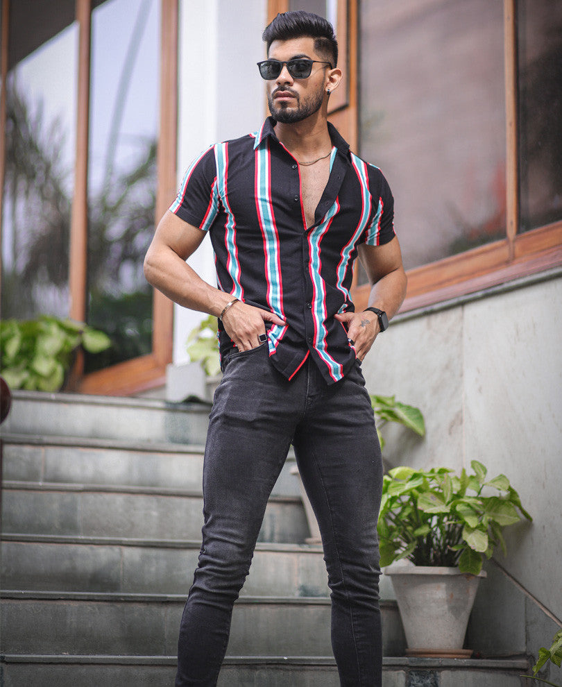 Black Multi Color Vertical Stripe Half Sleeves Shirt