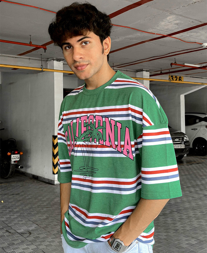 Green California Printed Oversize Drop Shoulder T Shirt