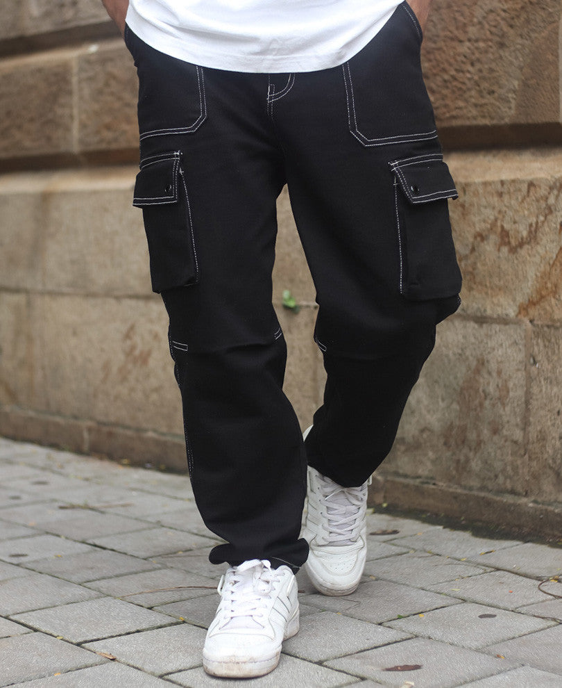 Black Cargo Pocket Carpenter Cotton Baggy Fit Jeans