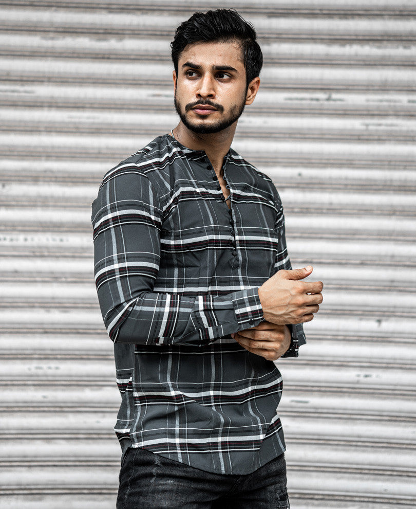 Grey Checks Kurta Full Sleeves Shirt