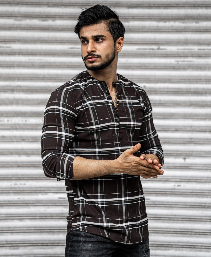 Brown Stretch Checks Kurta Full Sleeves Shirt