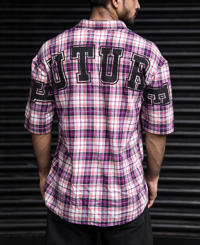 Pink Future Back Printed Checks Oversize Drop Shoulder Shirt