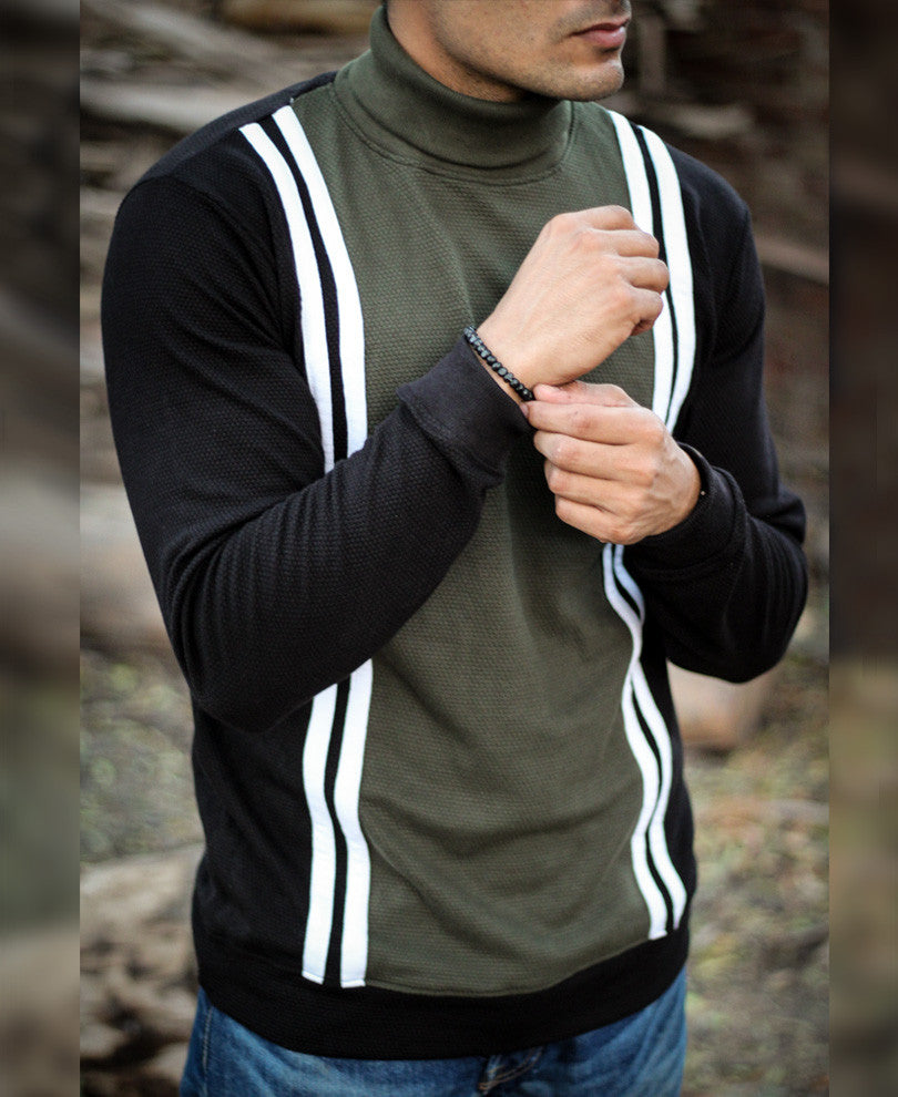 Olive Green Multi Stripe Polo Neck Full Sleeves T Shirt
