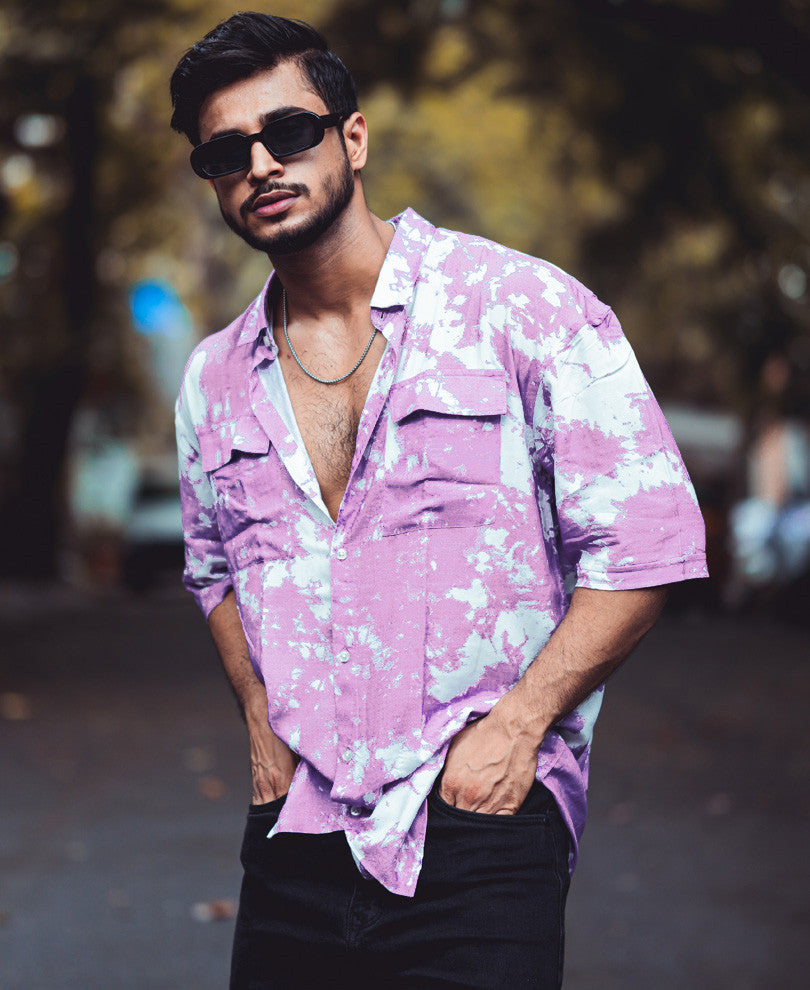 Purple And White Tie-Dye Print Pocket Oversize Drop Shoulder Shirt