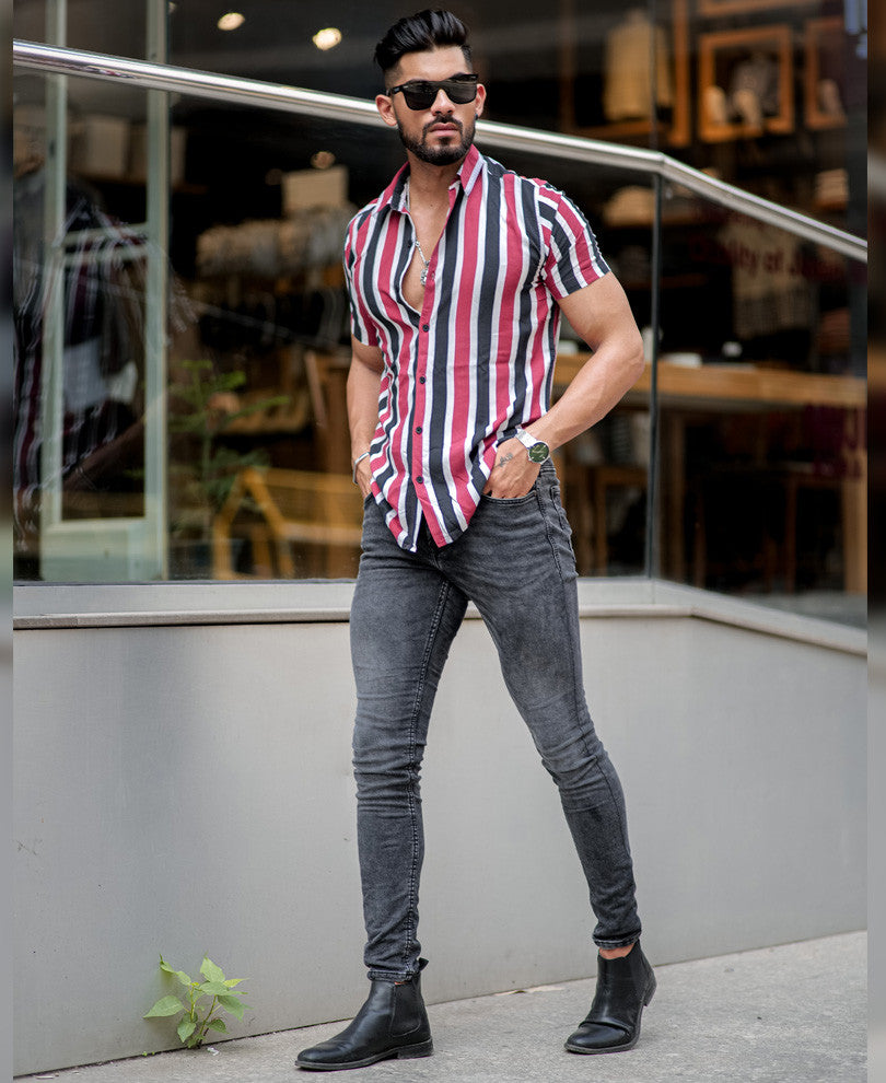Red and Navy Blue Stripes Half Sleeves Shirt