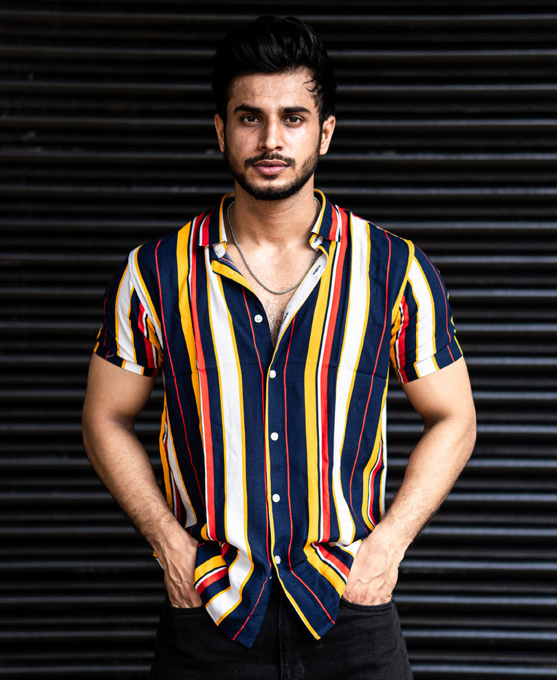 Blue and Yellow with Multi Color Stripe Half Sleeves Shirt