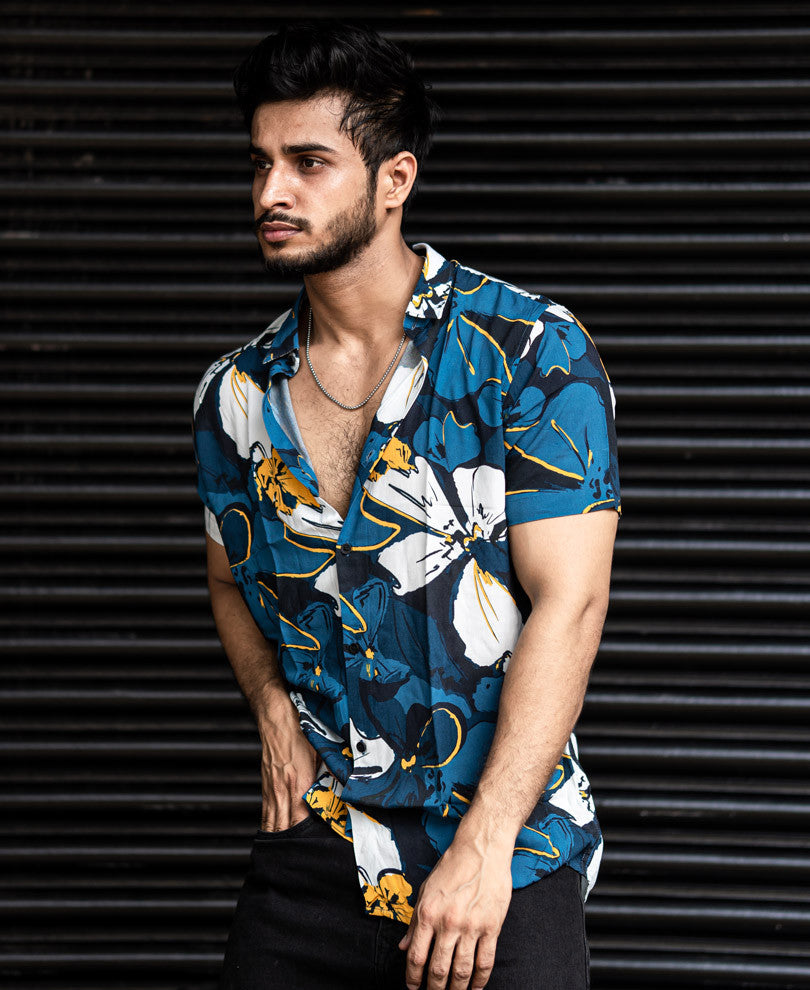Blue And White Flower Print Half Sleeves Shirt