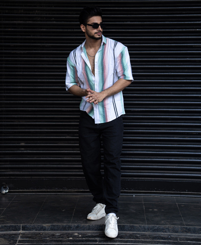White And Green Vertical Stripes Half Sleeves Shirt