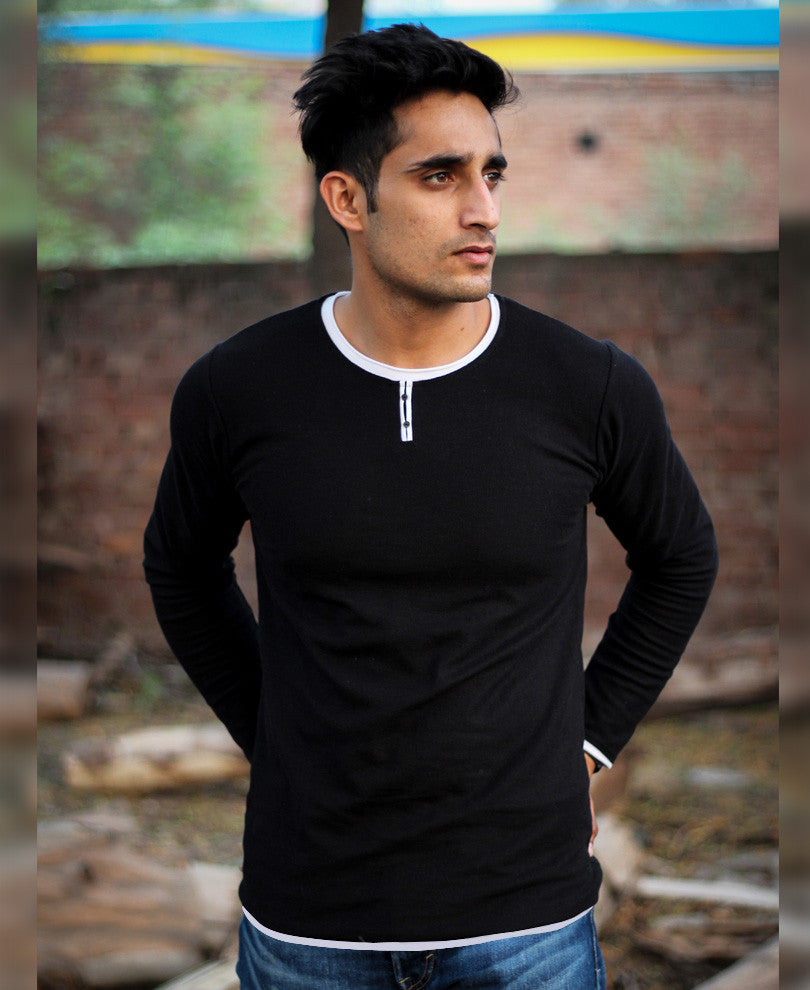 Black Basic Henley Full Sleeves T Shirt