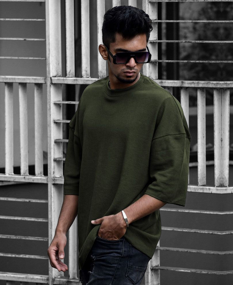 Urban Olive Green Solid Oversize Drop Shoulder T Shirt