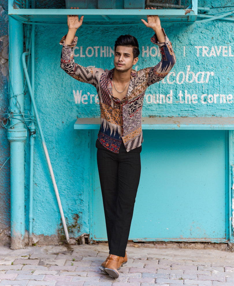 Brown Abstract Print Full Sleeves Shirt