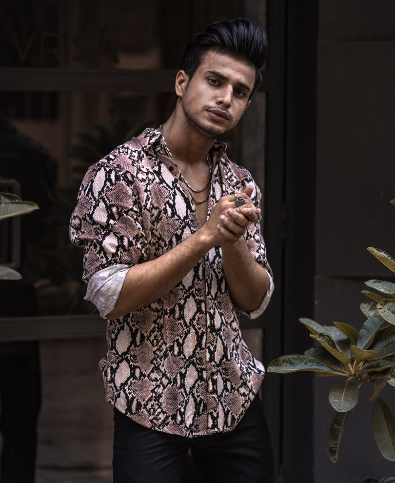Beige Snake Skin Print Full Sleeves Shirt