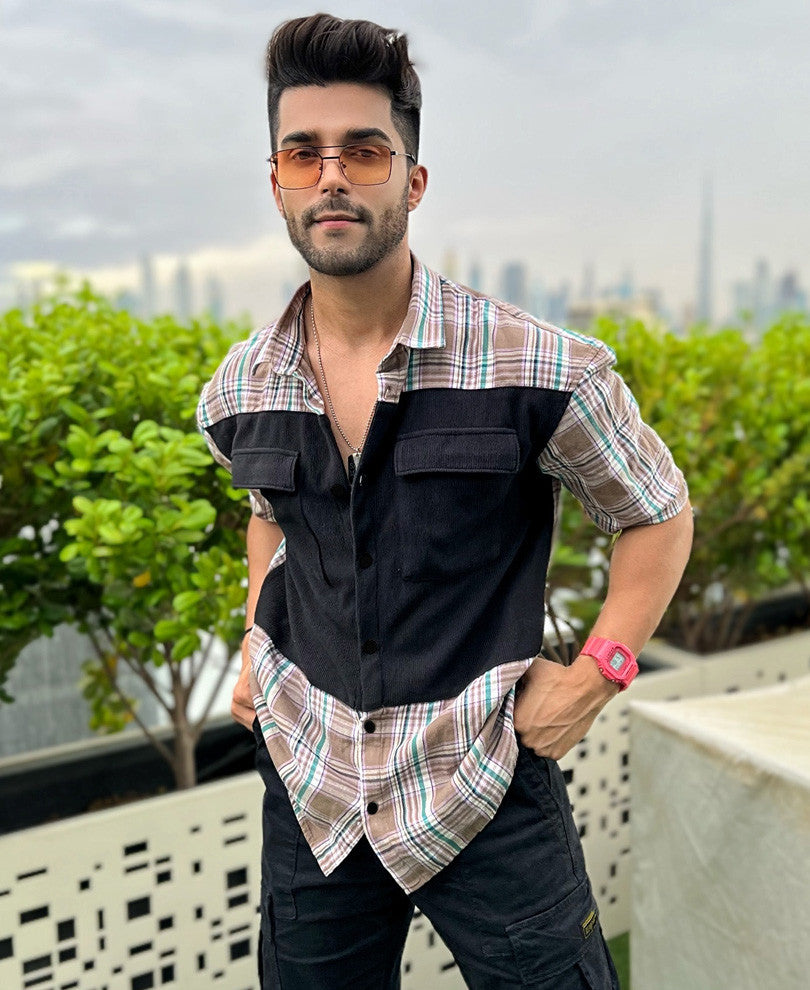 Light Brown With Black Panel Checks Oversize Drop Shoulder Shirt