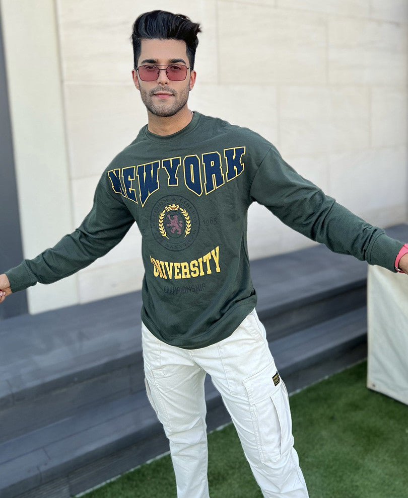 Olive Green New York Print Oversize Drop Shoulder T Shirt