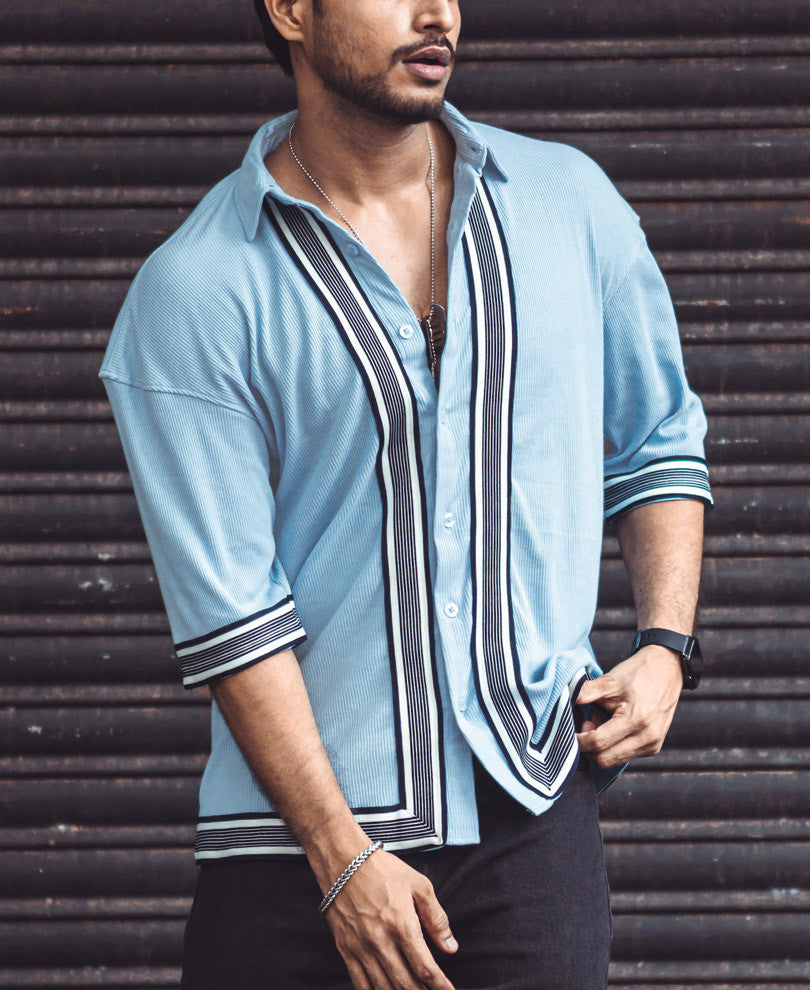 Sky Blue Button Style Oversize Drop Shoulder T Shirt