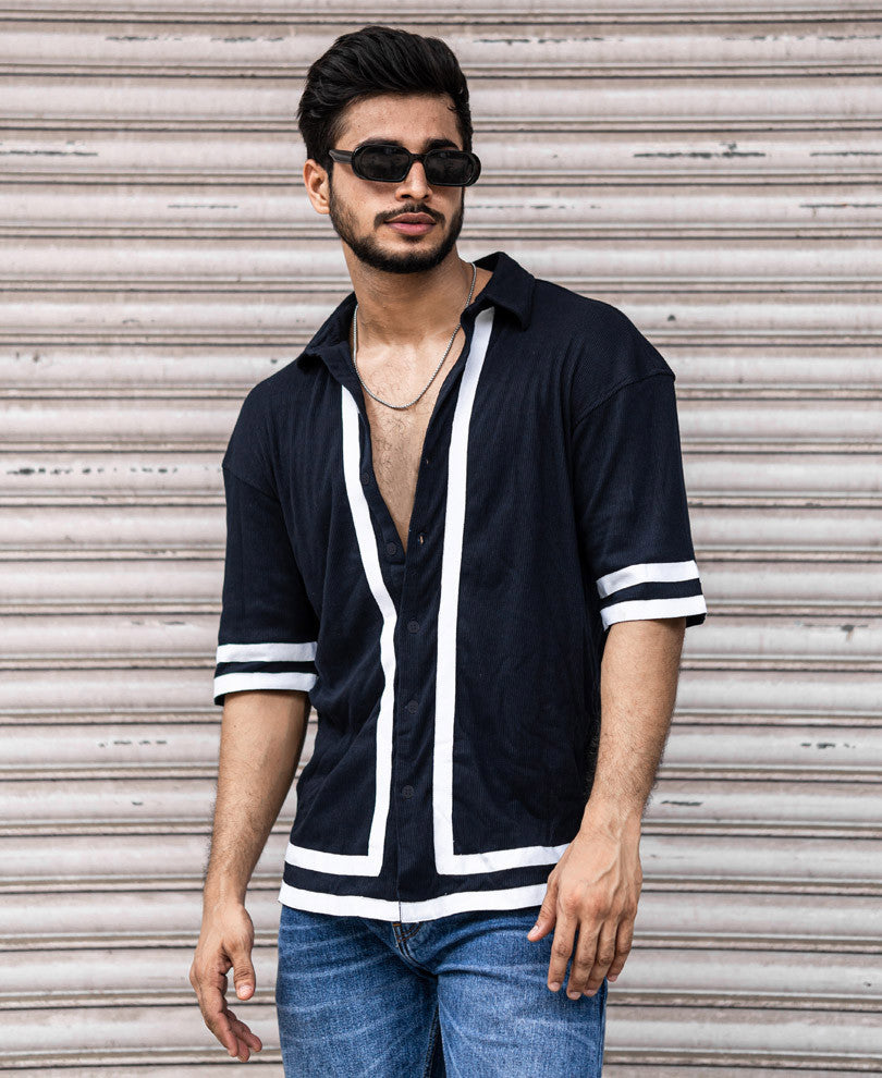 Navy Blue Button Style Oversize Drop Shoulder T Shirt