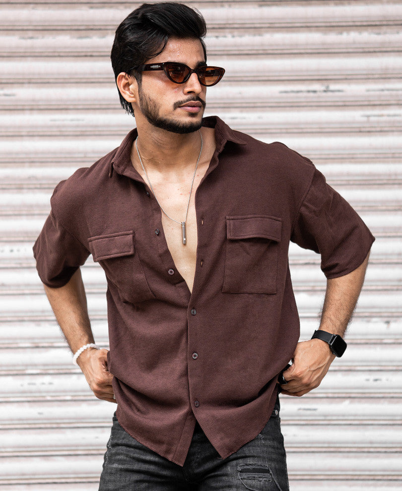 Dark Brown Chest Pocket Oversize Drop Shoulder Shirt