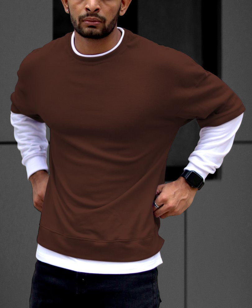 Brown With White Panel Attached Oversize Drop Shoulder T Shirt