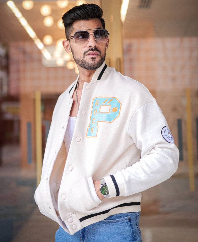 Cream Varsity Baseball Oversize Drop Shoulder Jacket