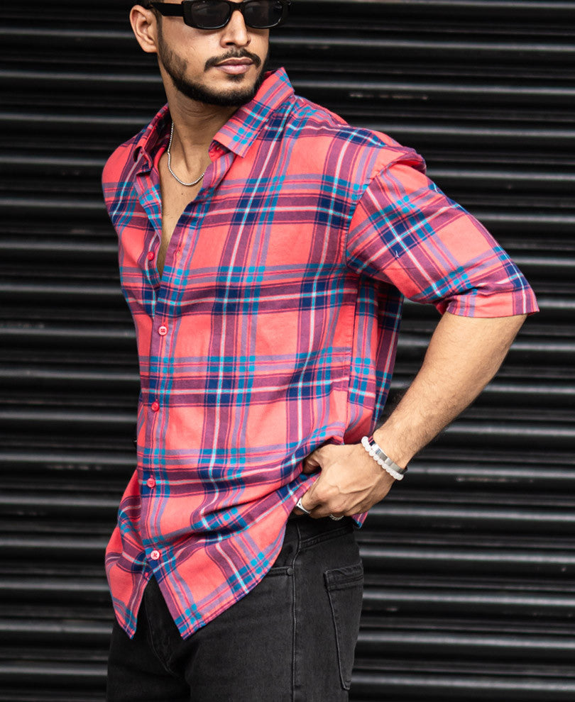 Pantone Orange Checks Oversize Drop Shoulder Shirt