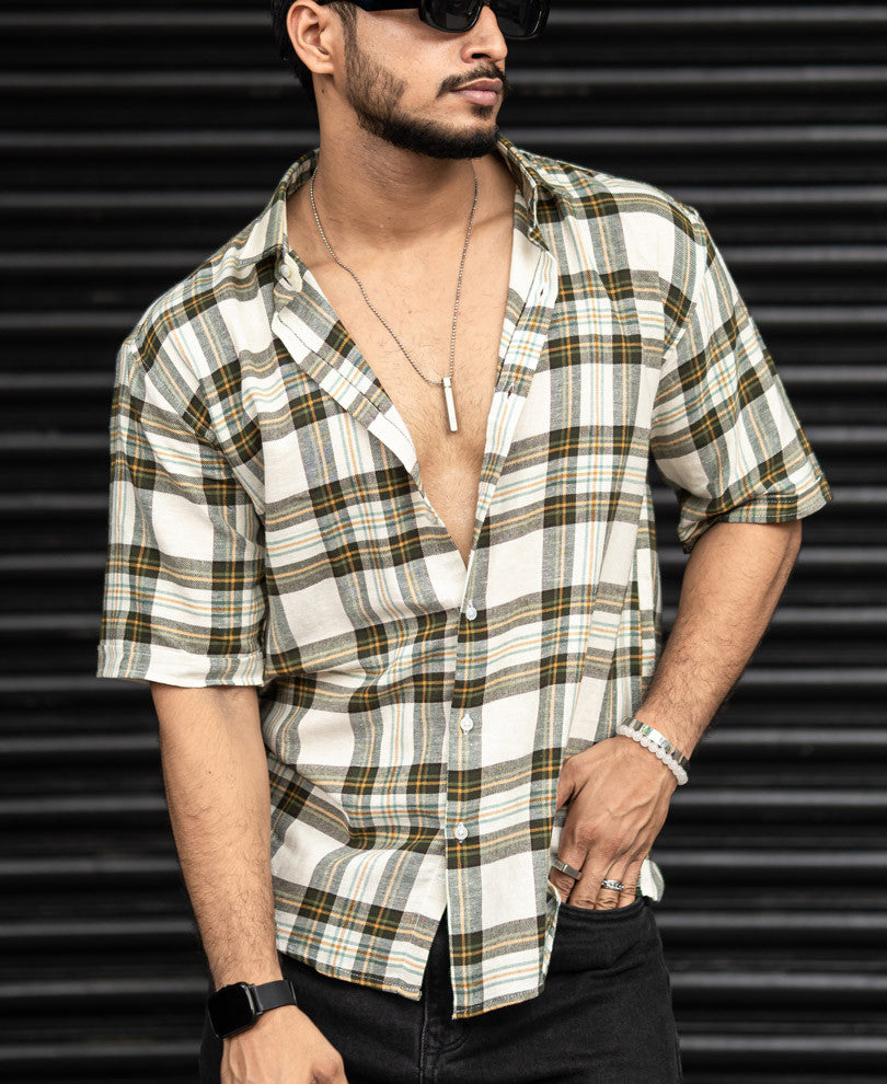 Cream Checks Print Oversize Drop Shoulder Shirt