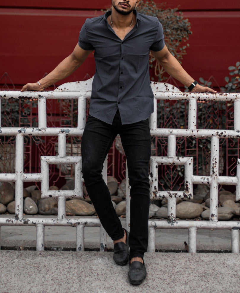 Urban Dark Grey Stretchable Solid Half Sleeves Shirt