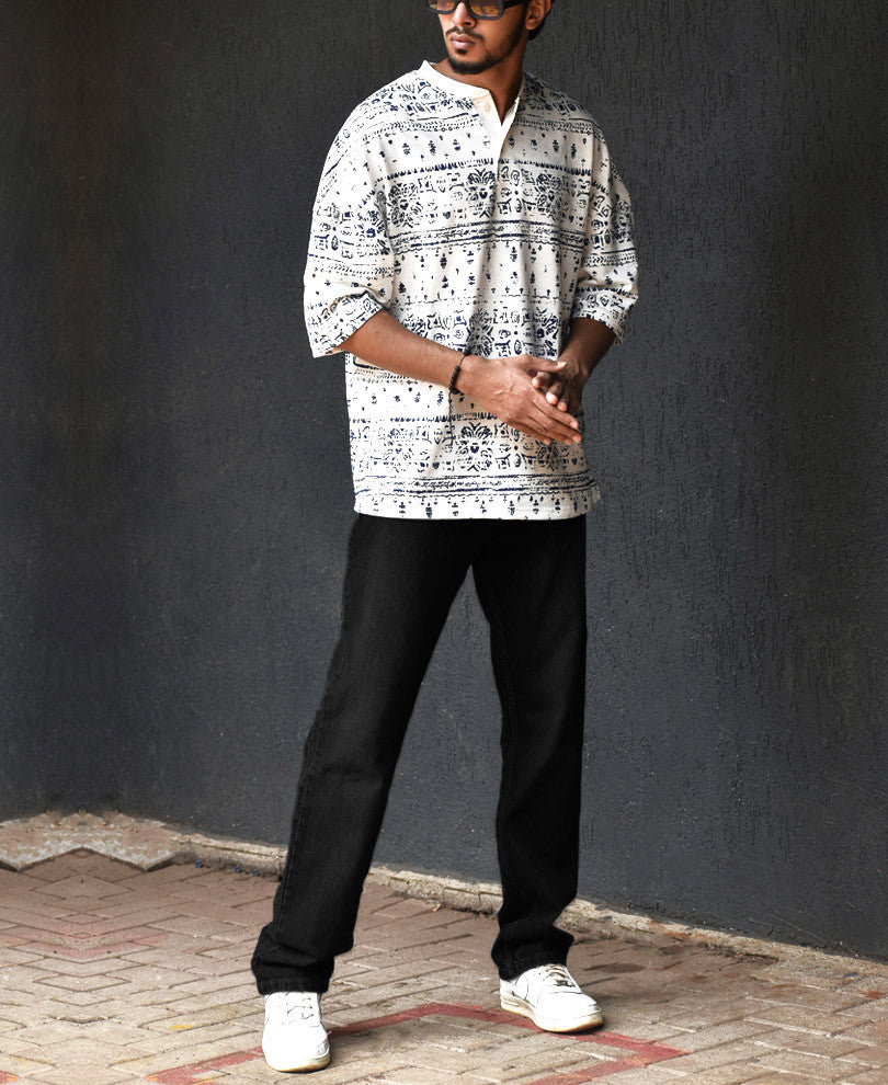 White Ancient Print Henley Oversize Drop Shoulder T Shirt
