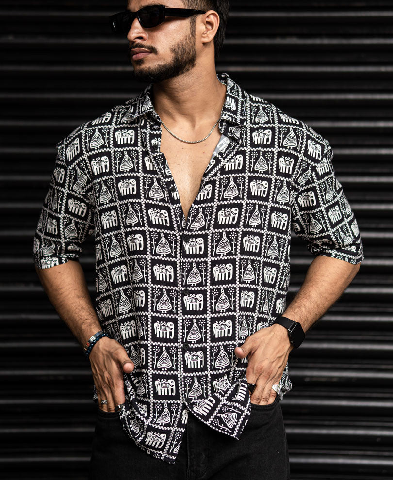 Black Elephant Print Oversize Drop Shoulder Shirt