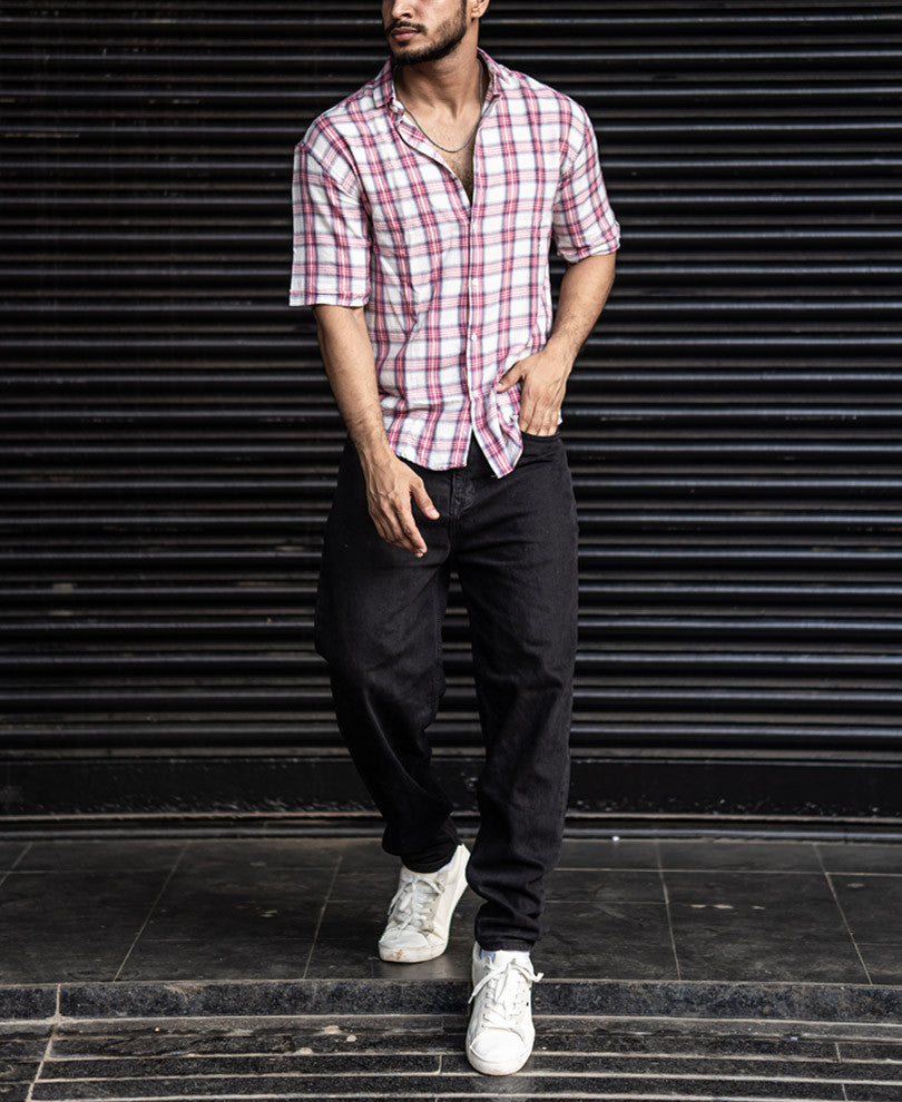 Pink And White Checks Oversize Drop Shoulder Shirt