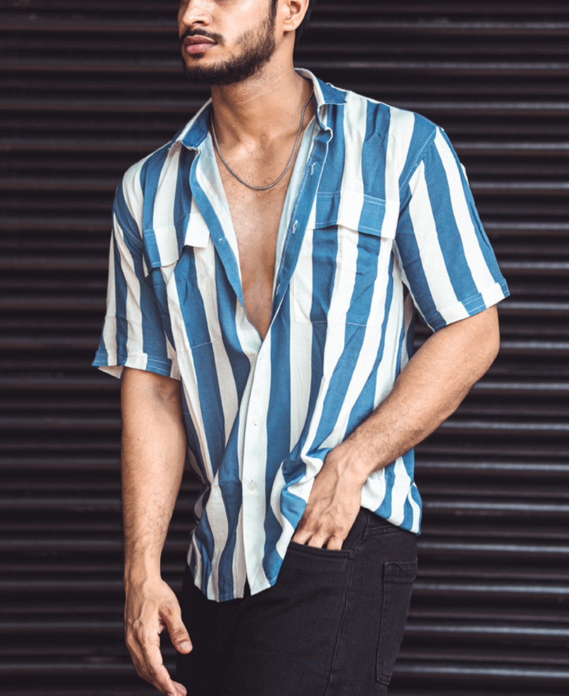 White And Blue Vertical Stripe Pocket Oversize Drop Shoulder Shirt