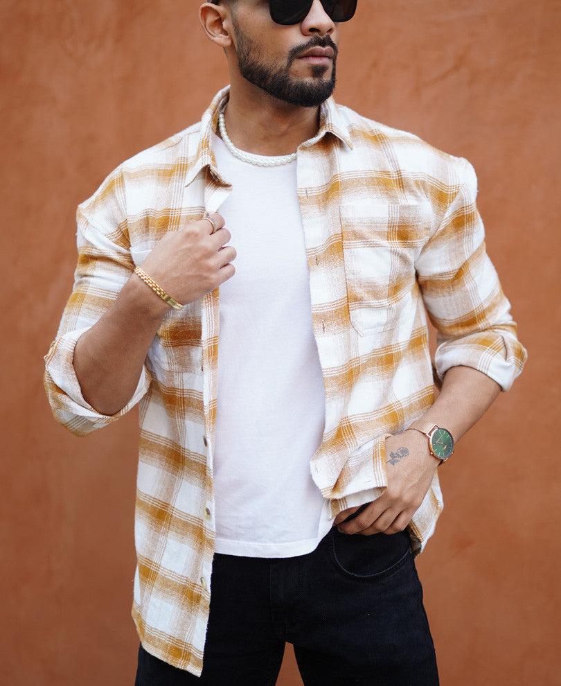 Camel Pocket Checks Oversize Drop Shoulder Shirt
