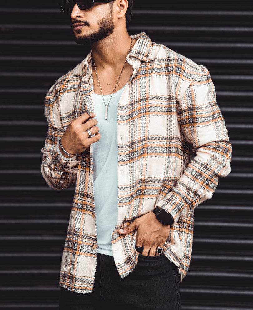 Cream And Mustard Checks Oversize Drop Shoulder Shirt