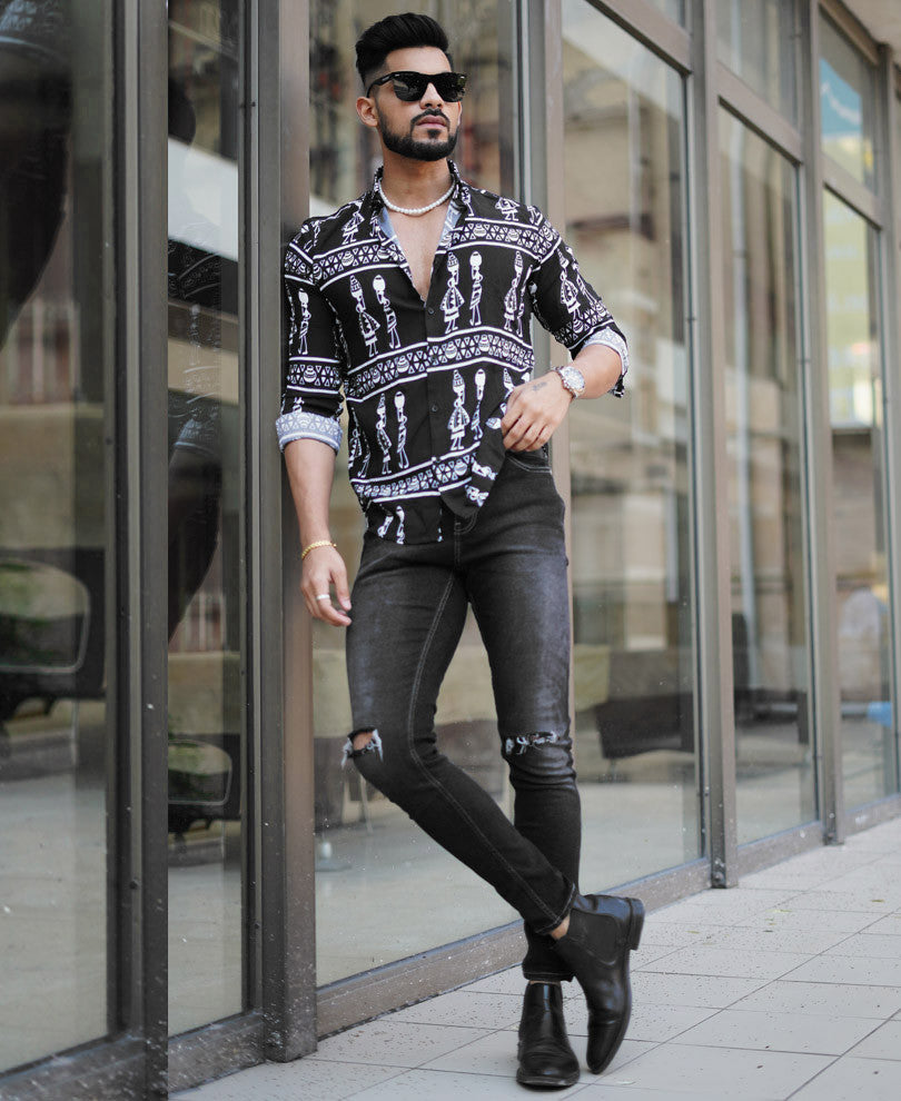 Black Ancient Print Full Sleeves Shirt