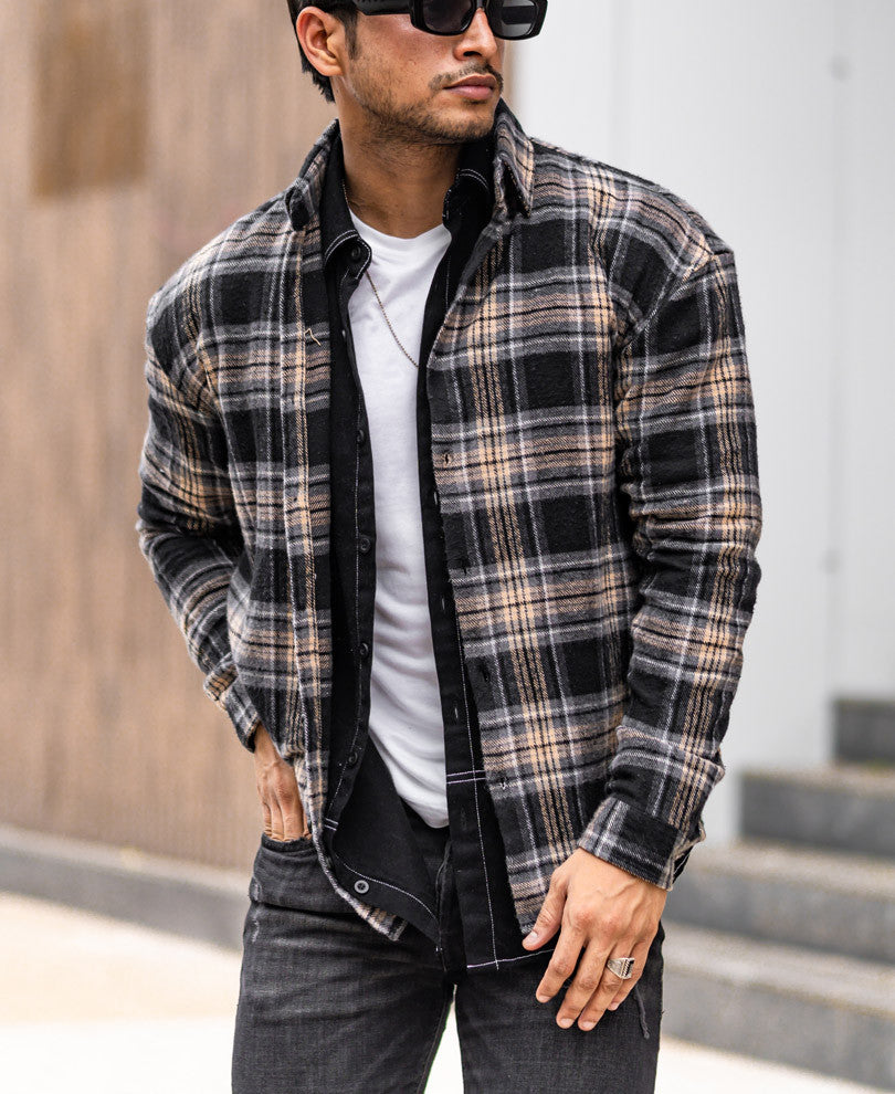 Dusty Black And Grey Checks Oversize Drop Shoulder Shirt
