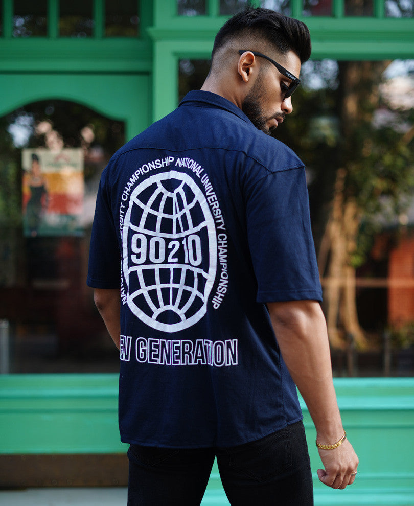 Navy Blue Back Print Oversize Drop Shoulder Shirt