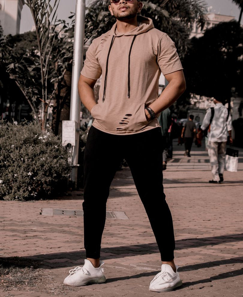 Beige Ripped Hood Half Sleeves T Shirt