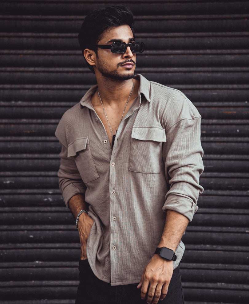 Beige Chest Pocket Oversize Drop Shoulder Shirt