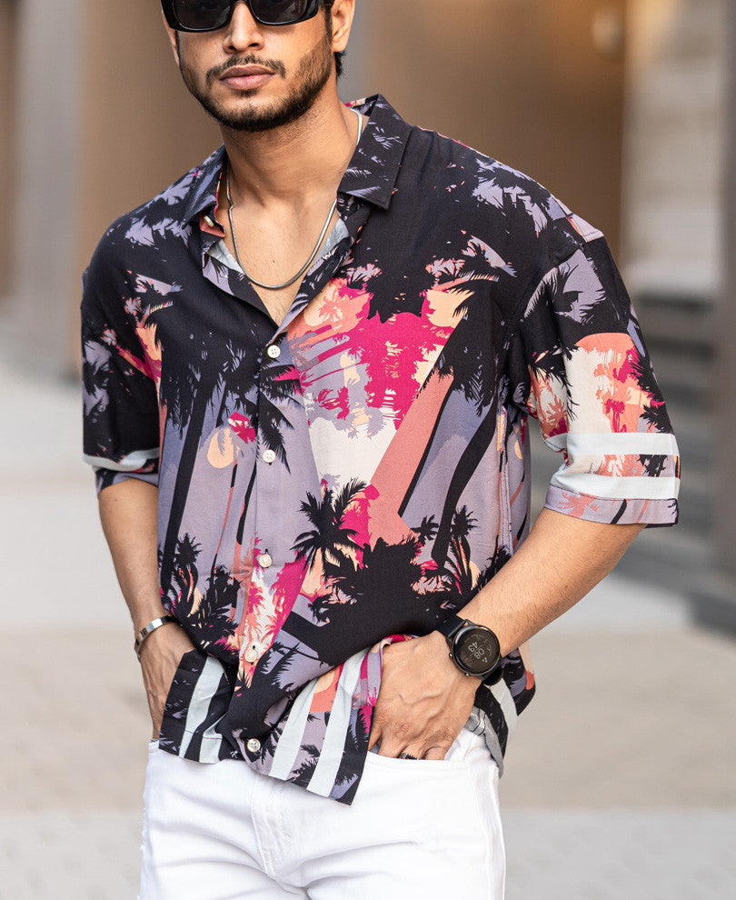 Black Hawaiian Print Oversize Drop Shoulder Shirt