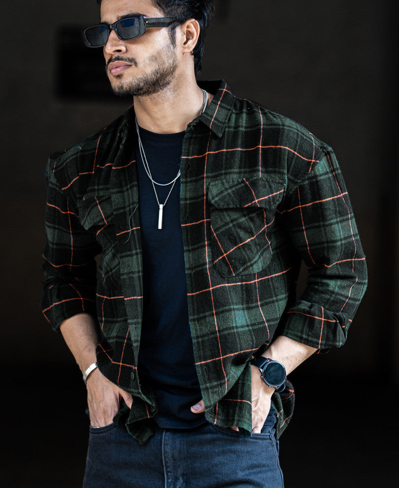 Bottle Green Checks Oversize Drop Shoulder Shirt