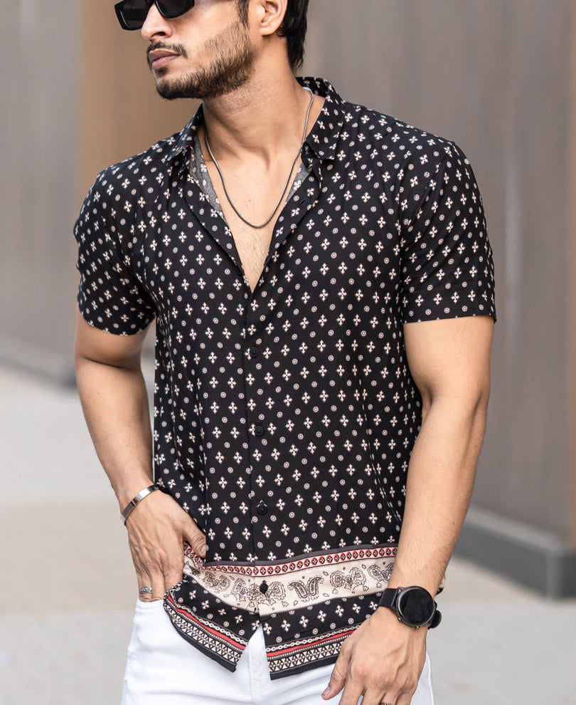 Black Paisley Print Half Sleeves Shirt
