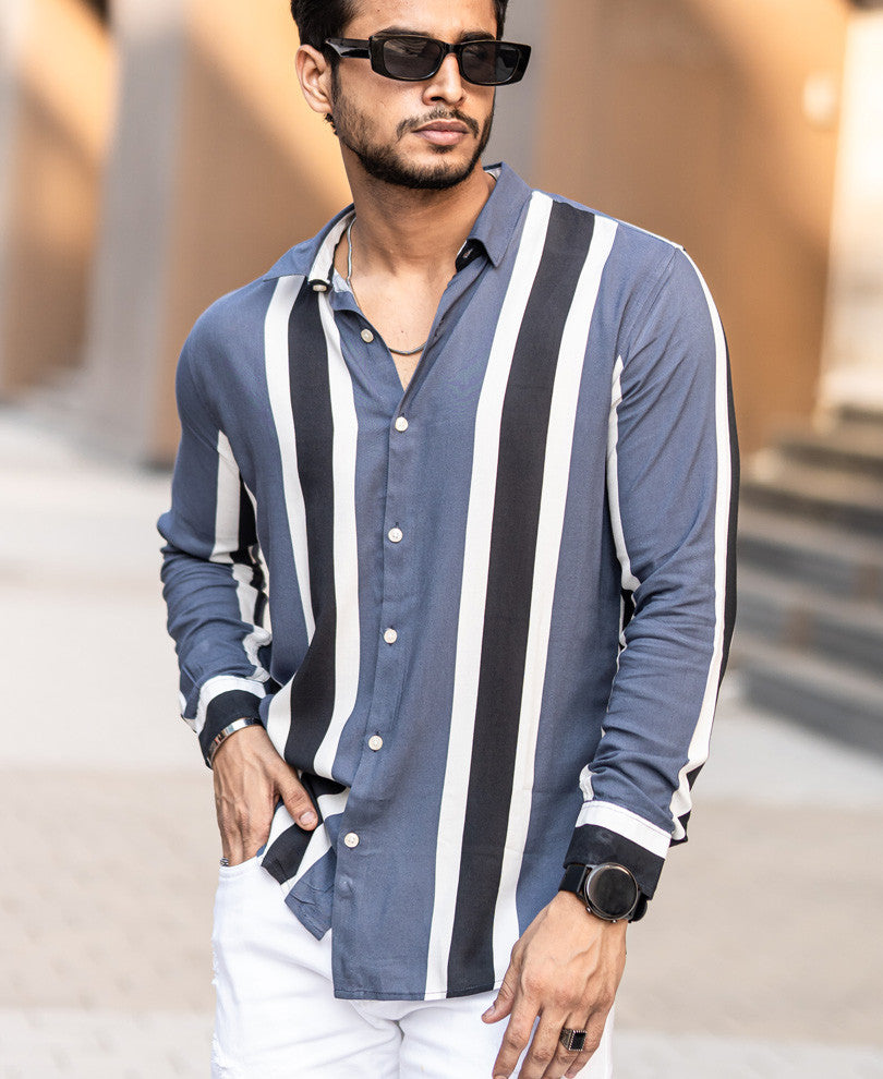 Grey Vertical Stripes Full Sleeves Shirt
