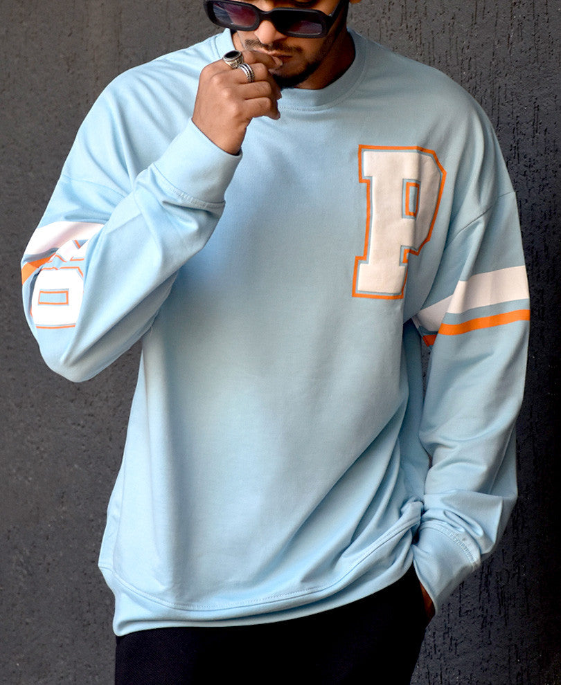 Sky Blue Chest Print Oversize Drop Shoulder T Shirt