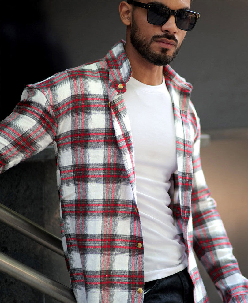 Red And White Checks Oversize Drop Shoulder Shirt