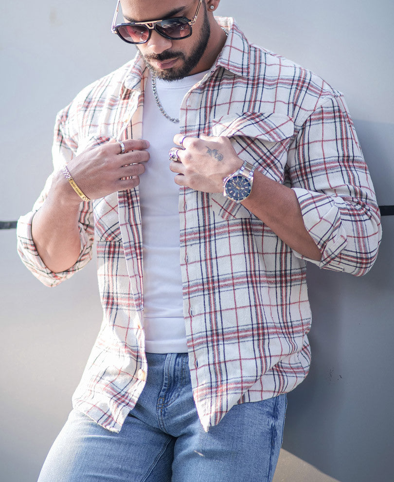 Cream Pocket Checks Oversize Drop Shoulder Shirt