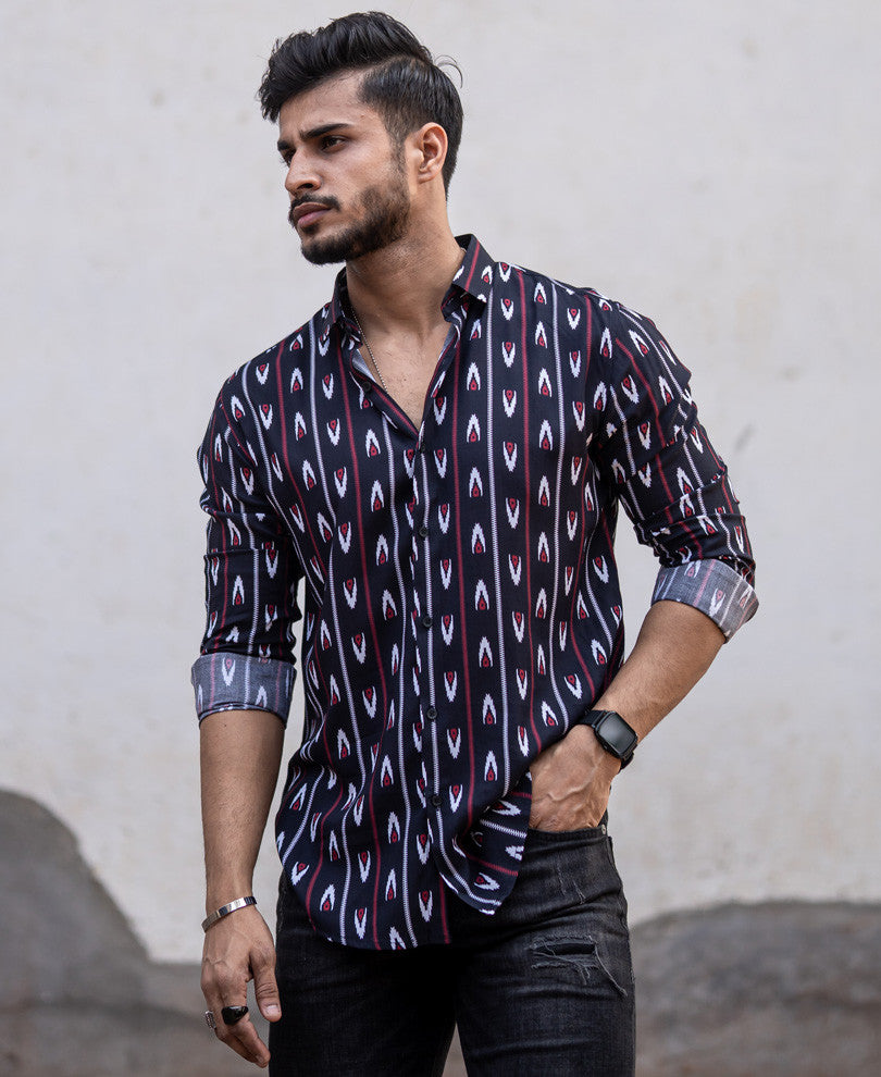 Black Motifs Printed Full Sleeves Shirt