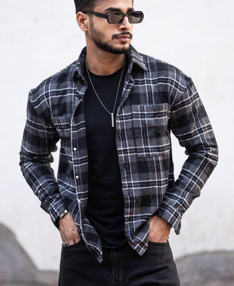 Dark Grey Pocket Checks Oversize Drop Shoulder Shirt