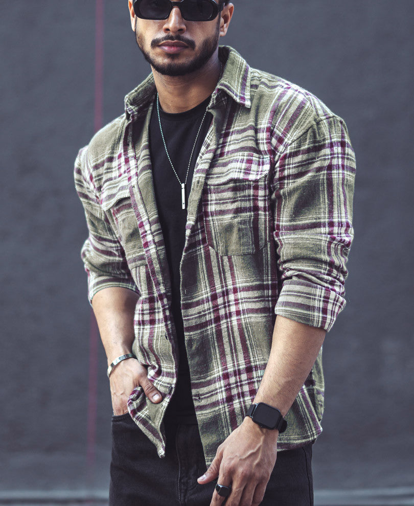 Olive Green Pocket Checks Oversize Drop Shoulder Shirt