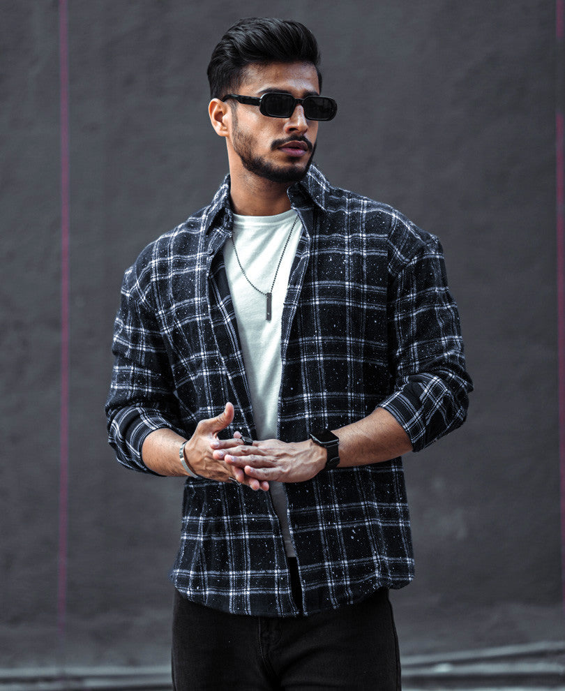 Dusty Black Plaid Checks Oversize Drop Shoulder Shirt
