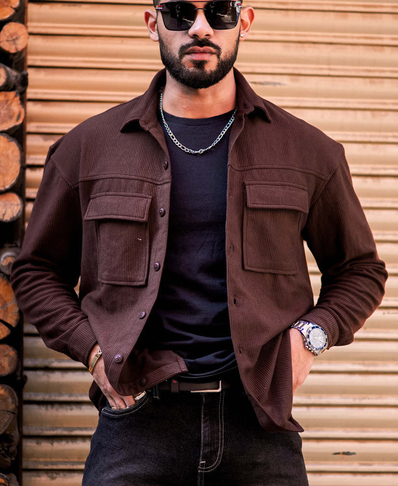 Dark Brown Shacket Pocket Oversize Drop Shoulder Shirt